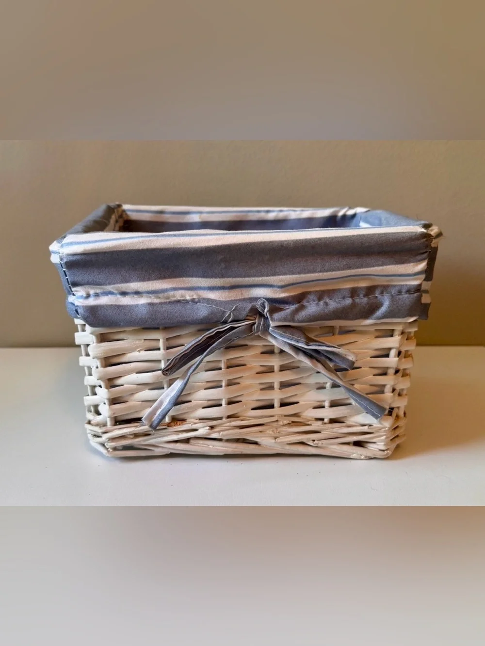 Small Woven Storage Basket with Blue-Gray Striped Removable Liner